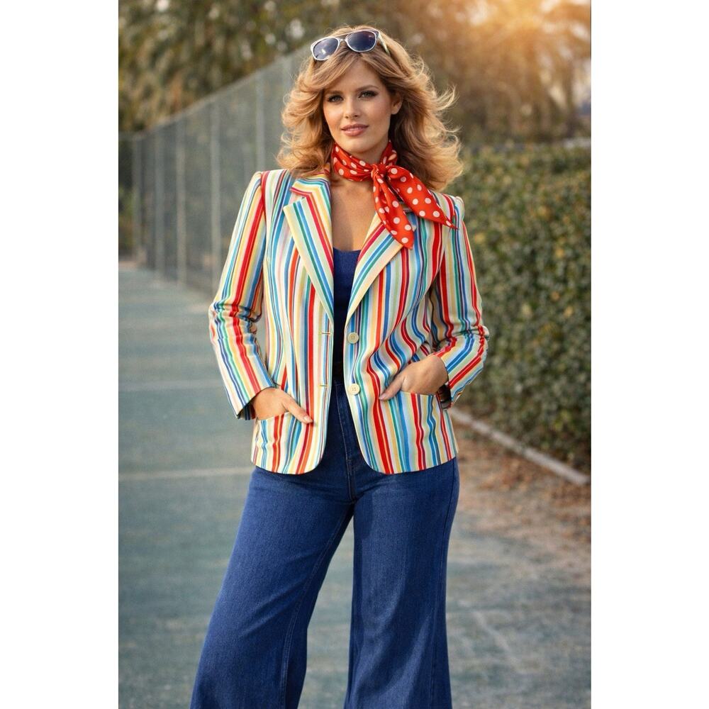 Vintage 1970s Bodinit Rainbow Stripe Blazer Jacket USA Resort Golf Tennis Club